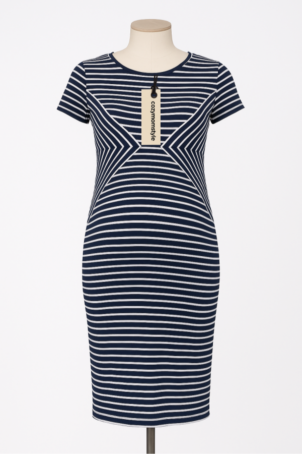 Cozymomstyle navy blue striped zipper maternity dress medium size for office