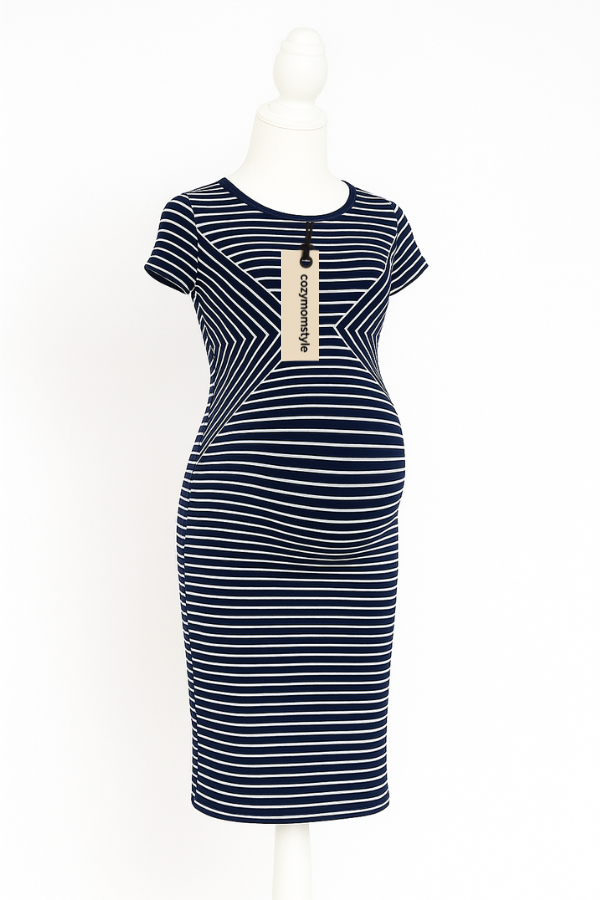 Cozymomstyle navy blue striped zipper maternity dress medium size for office