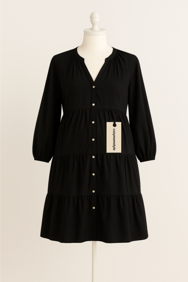 Cozymomstyle Black Tiered Front Button Dress NWT 3/4 Sleeves Destination Maternity