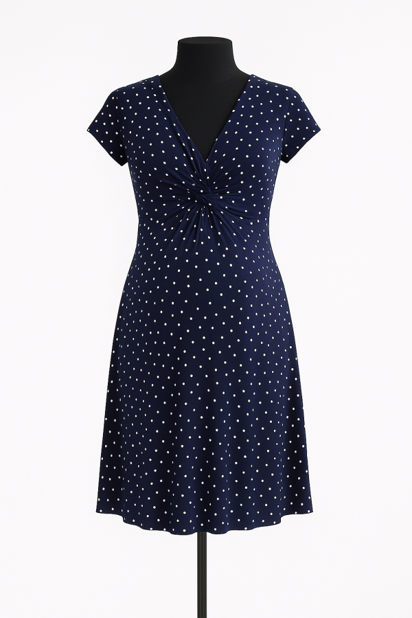 Cozymomstyle navy blue white polka dot dress for pregnant women, breastfeeding, office