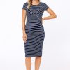Cozymomstyle navy blue striped zipper maternity dress medium size for office