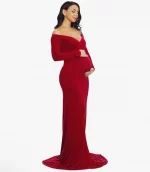 Cozymomstyle Maternity Fitted Gown Off the Shoulder Maxi Stretch Elegant Burgundy