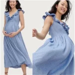 Cozymomstyle The Sarah Midi Dress Maternity Blue Ruffle Gauzy Cotton Cottage