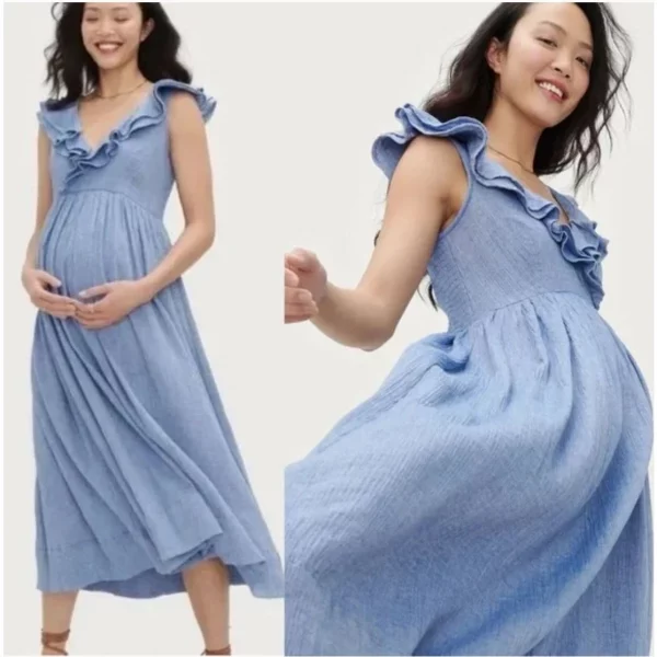 Cozymomstyle The Sarah Midi Dress Maternity Blue Ruffle Gauzy Cotton Cottage