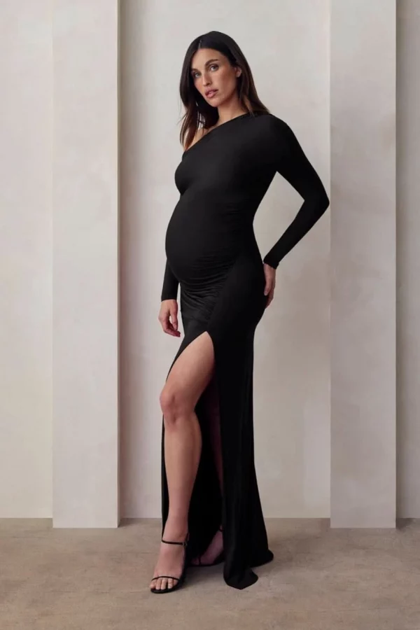 Cozymomstyle Off the Shoulder Evening Gown Maternity Black Stretch High Slit