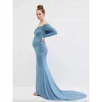Cozymomstyle Maternity Gender Reveal Off-Shoulder Maternity Photoshoot Gown Blue