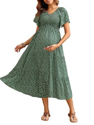 Cozymomstyle 2025 Summer Maternity Dress - Flutter Sleeve Midi for Photoshoot & Baby Shower