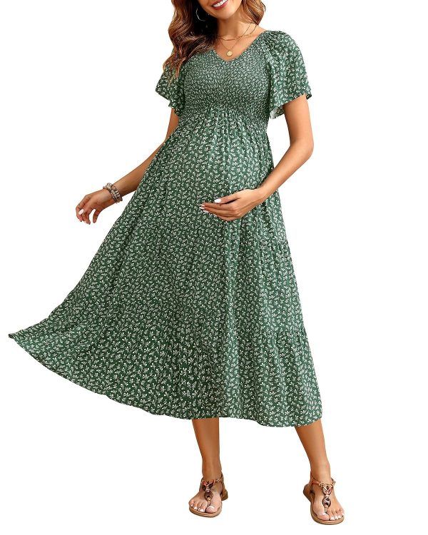 Cozymomstyle 2025 Summer Maternity Dress - Flutter Sleeve Midi for Photoshoot & Baby Shower