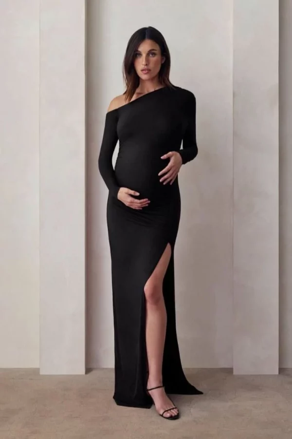 Cozymomstyle Off the Shoulder Evening Gown Maternity Black Stretch High Slit