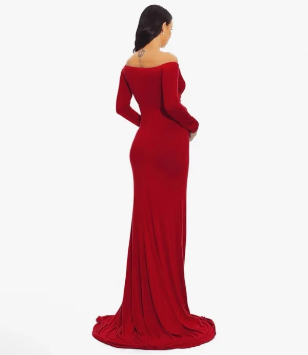 Cozymomstyle Maternity Fitted Gown Off the Shoulder Maxi Stretch Elegant Burgundy