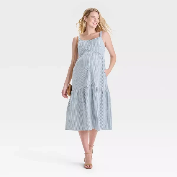 Cozymomstyle Button-Front Tiered Midi Maternity Dress