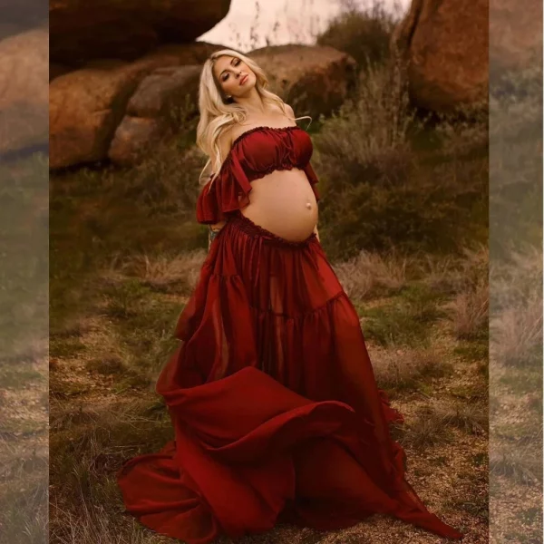 Cozymomstyle Maternity Dress for Photoshoot Shoulder Ruffled Chiffon Long Dress for Women