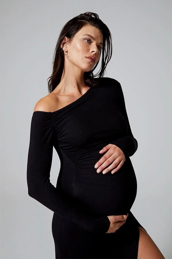Cozymomstyle Off the Shoulder Evening Gown Maternity Black Stretch High Slit