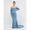 Cozymomstyle Maternity Gender Reveal Off-Shoulder Maternity Photoshoot Gown Blue