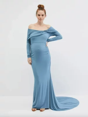 Cozymomstyle Maternity Gender Reveal Off-Shoulder Maternity Photoshoot Gown Blue
