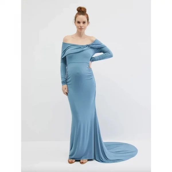 Cozymomstyle Maternity Gender Reveal Off-Shoulder Maternity Photoshoot Gown Blue
