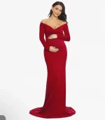 Cozymomstyle Maternity Fitted Gown Off the Shoulder Maxi Stretch Elegant Burgundy