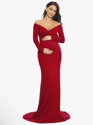 Cozymomstyle Maternity Fitted Gown Off the Shoulder Maxi Stretch Elegant Burgundy