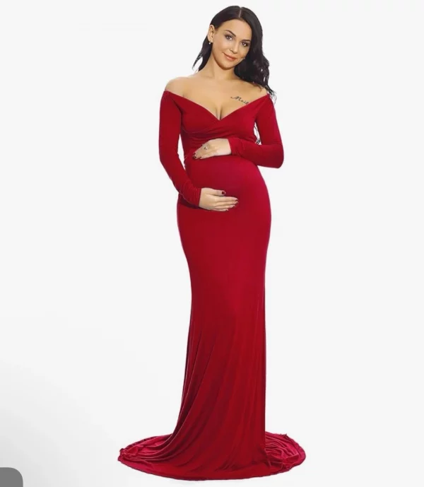Cozymomstyle Maternity Fitted Gown Off the Shoulder Maxi Stretch Elegant Burgundy