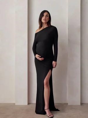 Cozymomstyle Off the Shoulder Evening Gown Maternity Black Stretch High Slit