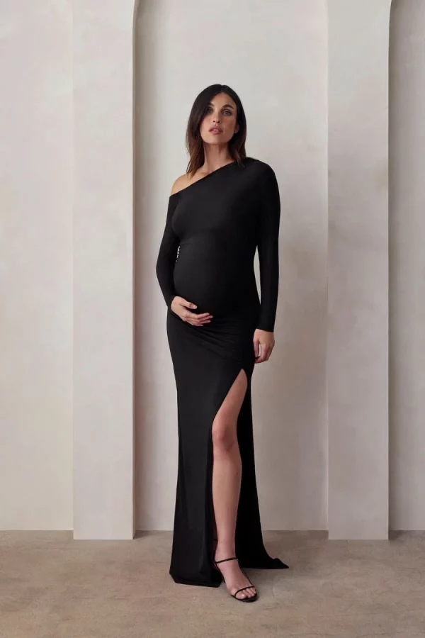 Cozymomstyle Off the Shoulder Evening Gown Maternity Black Stretch High Slit