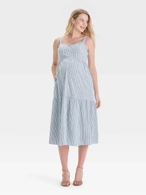 Cozymomstyle Button-Front Tiered Midi Maternity Dress