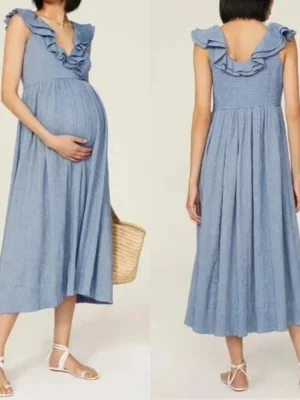 Cozymomstyle The Sarah Midi Dress Maternity Blue Ruffle Gauzy Cotton Cottage