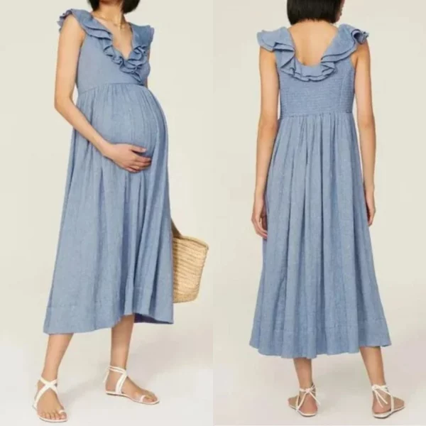 Cozymomstyle The Sarah Midi Dress Maternity Blue Ruffle Gauzy Cotton Cottage