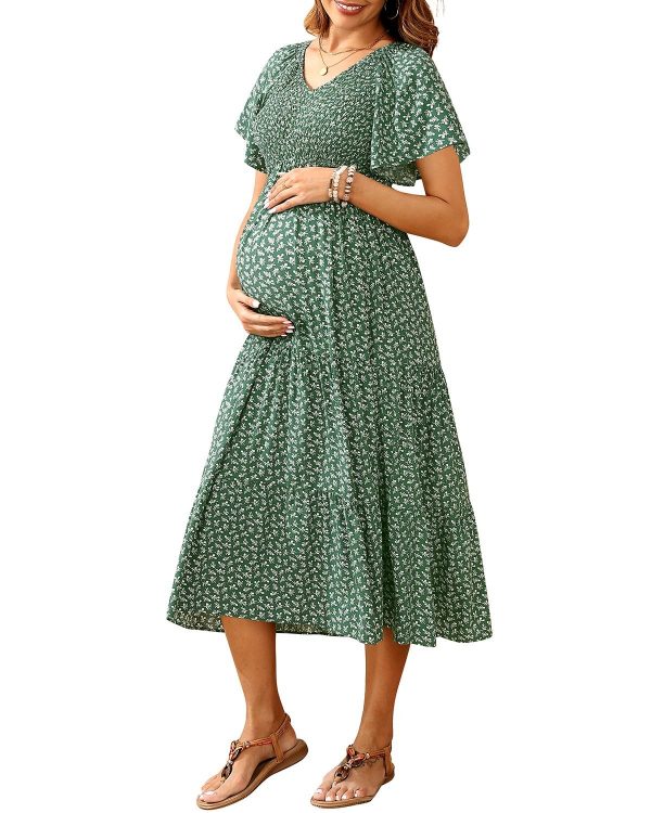 Cozymomstyle 2025 Summer Maternity Dress - Flutter Sleeve Midi for Photoshoot & Baby Shower