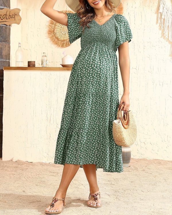 Cozymomstyle 2025 Summer Maternity Dress - Flutter Sleeve Midi for Photoshoot & Baby Shower