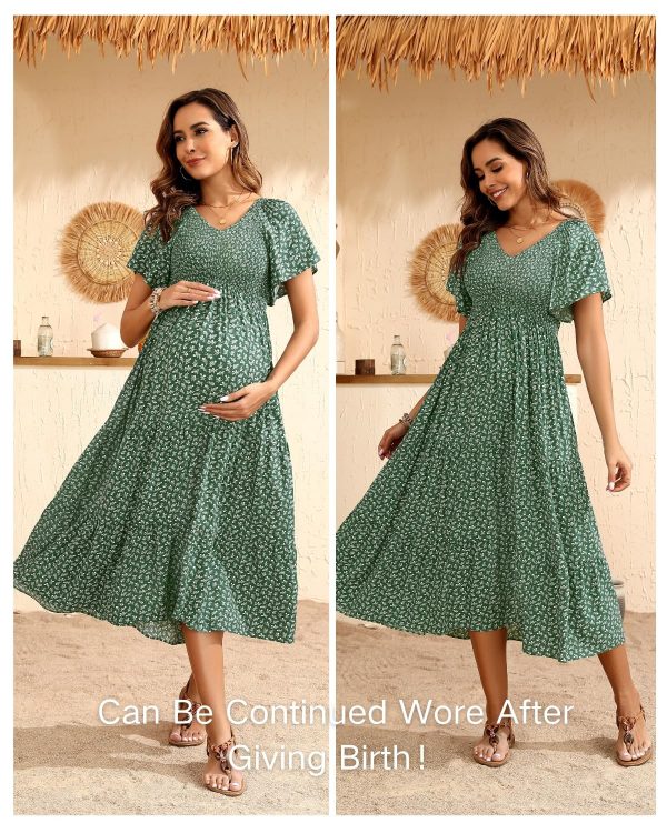 Cozymomstyle 2025 Summer Maternity Dress - Flutter Sleeve Midi for Photoshoot & Baby Shower