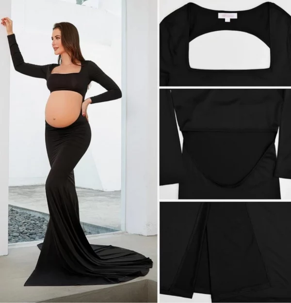 Cozymomstyle Maternity maxi dress black long backless pregnancy photoshoot cut out gown