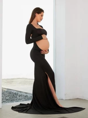 Cozymomstyle Maternity maxi dress black long backless pregnancy photoshoot cut out gown