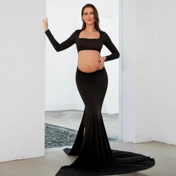 Cozymomstyle Maternity maxi dress black long backless pregnancy photoshoot cut out gown