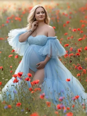 Cozymomstyle Sky Blue Maternity Dress for Baby Shower Shiny Tulle Bodysuit PhotoShoot Gowns