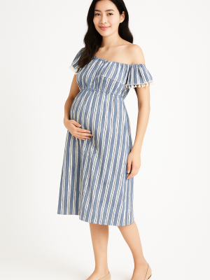 Cozymomstyle Maternity Blue and White Striped Asymmetrical Dress