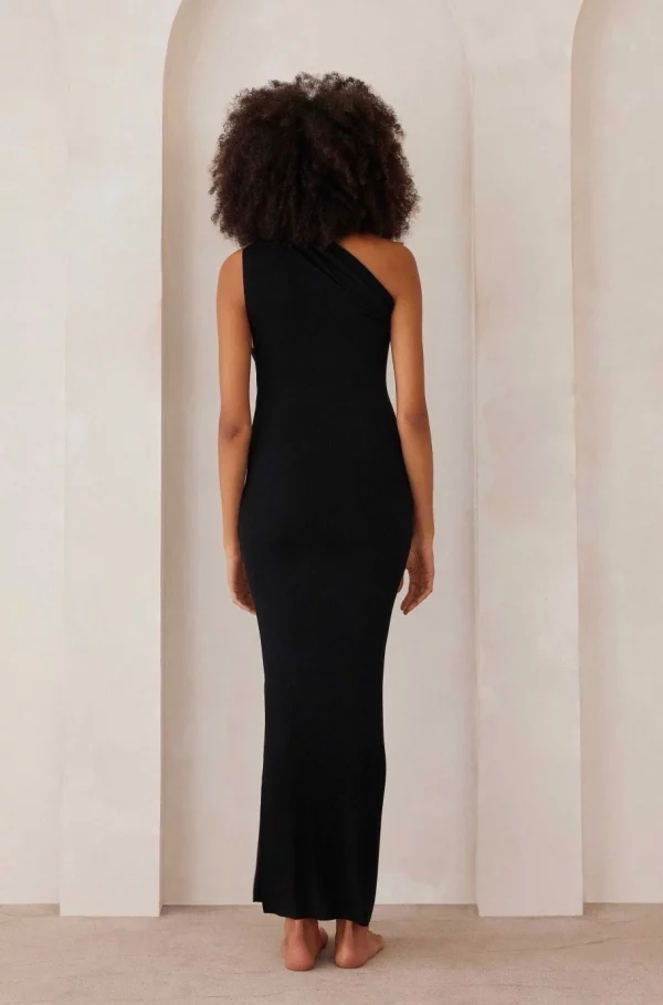 Cozymomstyle Soft Rib Maxi One Shoulder Dress Black Maternity Outfit Stretch