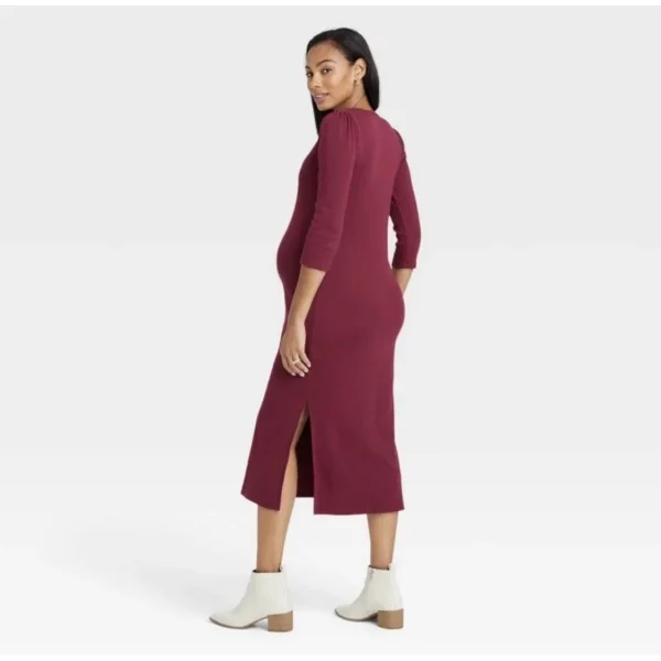Cozymomstyle 3/4 Sleeve Ribbed Jersey Maternity Dress Wine Red