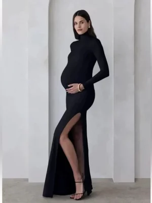 Cozymomstyle The Monica Black Long Sleeve Maternity Side Slit Maxi Dress