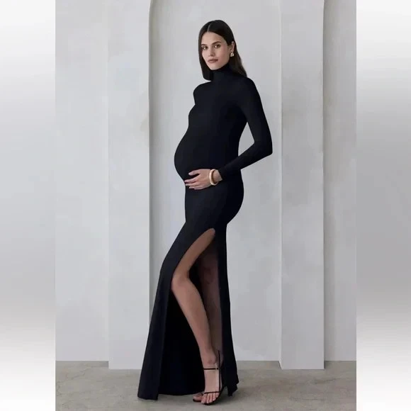 Cozymomstyle The Monica Black Long Sleeve Maternity Side Slit Maxi Dress