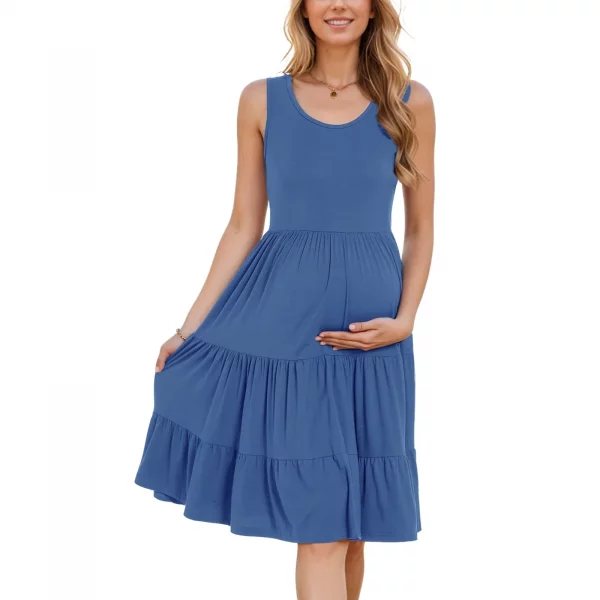 Cozymomstyle Sleeveless Tiered Ruffle Hem w/Pockets Cute Maternity Dress