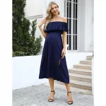 Cozymomstyle Off Shoulder Navy Blue Women's Maternity Summer Dress