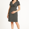 Cozymomstyle black geo maternity wrap dress with short sleeves empire style suitable for office