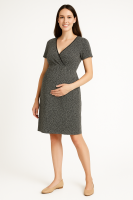 Cozymomstyle black geo maternity wrap dress with short sleeves empire style suitable for office