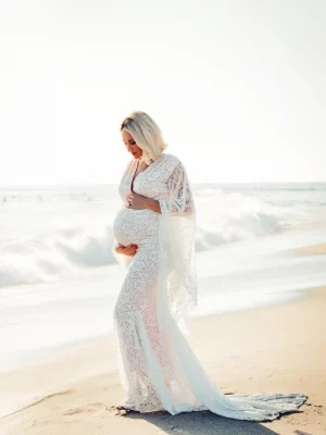 Cozymomstyle Pregnant Women's Dress Maternity Long Sleeve Lace Gown
