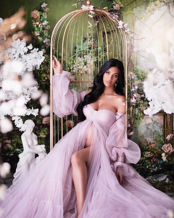 Cozymomstyle Women Robes Pink Maternity Star Dresses Tulle Ruffles Baby Shower Ball Gown