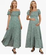 Cozymomstyle Off Shoulder Green with Daisies Maternity Maxi Dress Square Neck