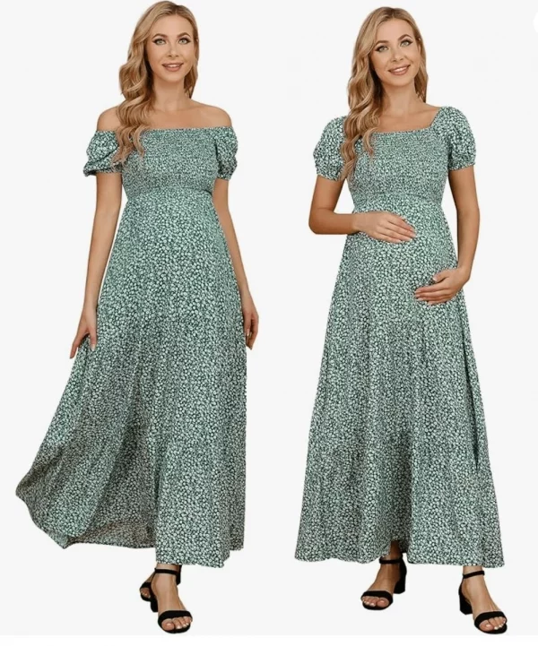 Cozymomstyle Off Shoulder Green with Daisies Maternity Maxi Dress Square Neck