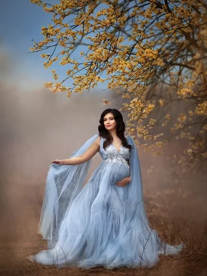 Cozymomstyle Blue Maternity Dress for Photoshoot Pregnant Appliqued Beads Baby Shower Gowns