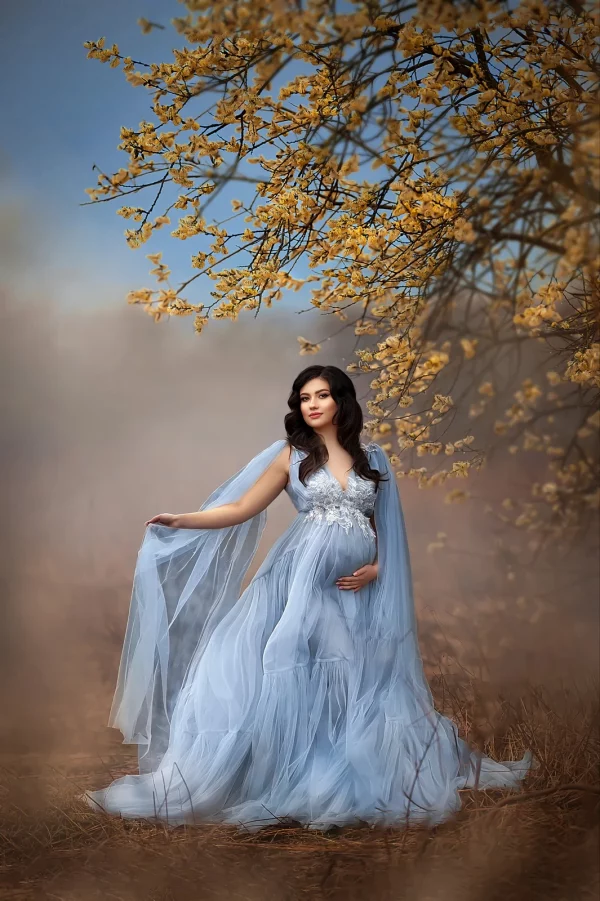 Cozymomstyle Blue Maternity Dress for Photoshoot Pregnant Appliqued Beads Baby Shower Gowns